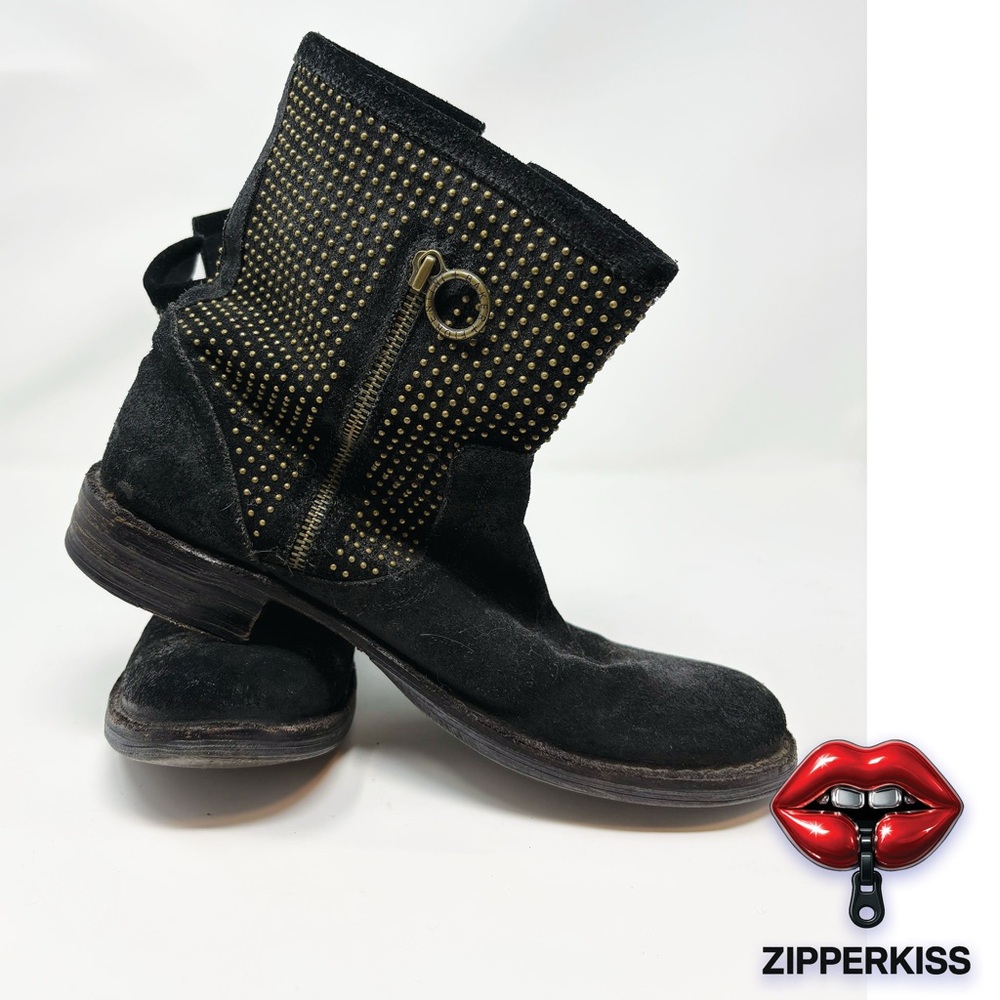 Fiorentini & Baker (Sz 41) Black Suede Studded Women's Zipper Boots w/Gold Studs